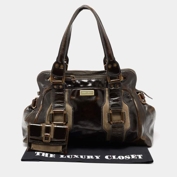 مملوكة مسبقًا Jimmy Choo Dark Brown/Green Patent Leather and Suede Malena Satchel