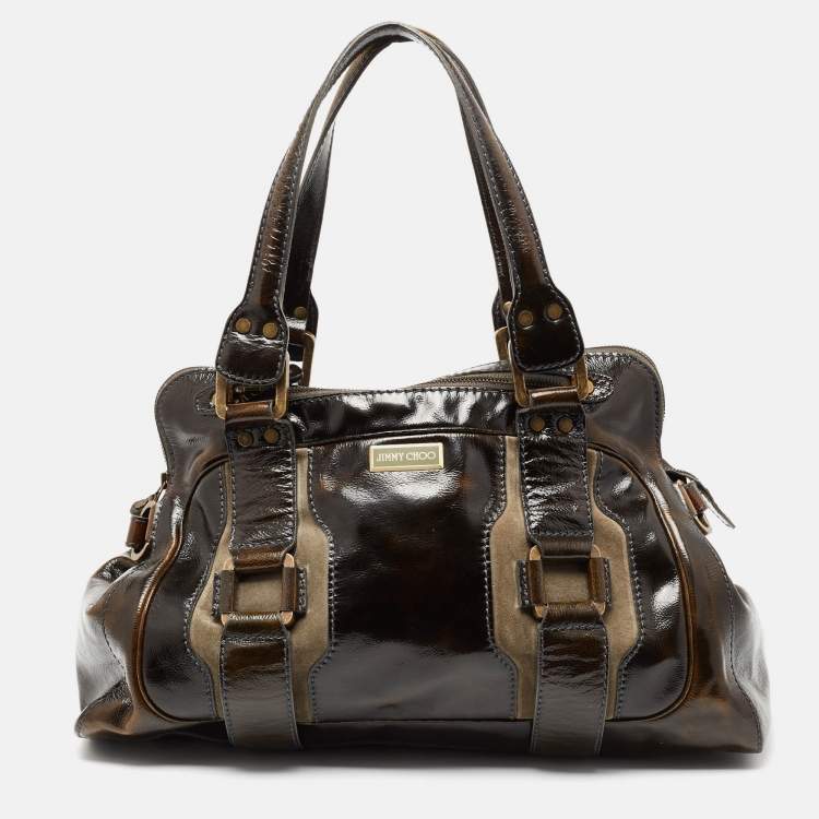 مملوكة مسبقًا Jimmy Choo Dark Brown/Green Patent Leather and Suede Malena Satchel