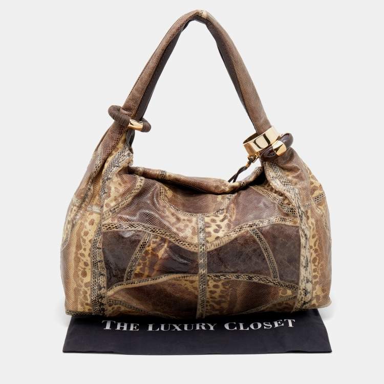 Pre Owned Jimmy Choo Brown Karung and Watersnake Large Saba Hobo
