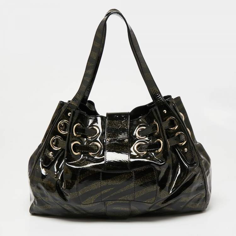 Pre Owned Jimmy Choo Black/Gold Zebra Print Patent Leather Riki Tote