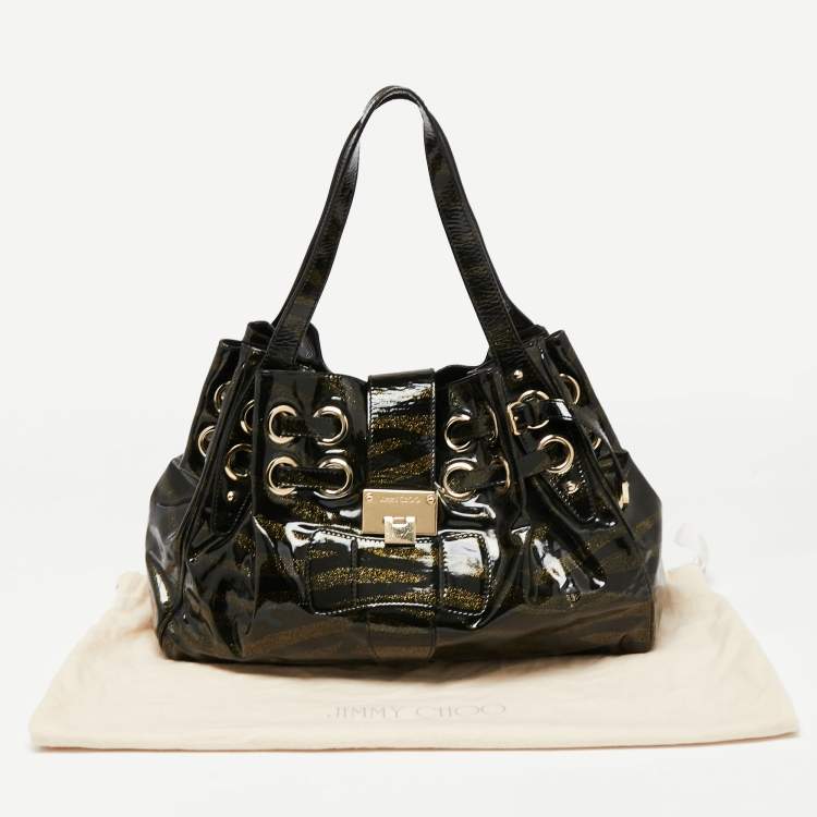 Pre Owned Jimmy Choo Black/Gold Zebra Print Patent Leather Riki Tote