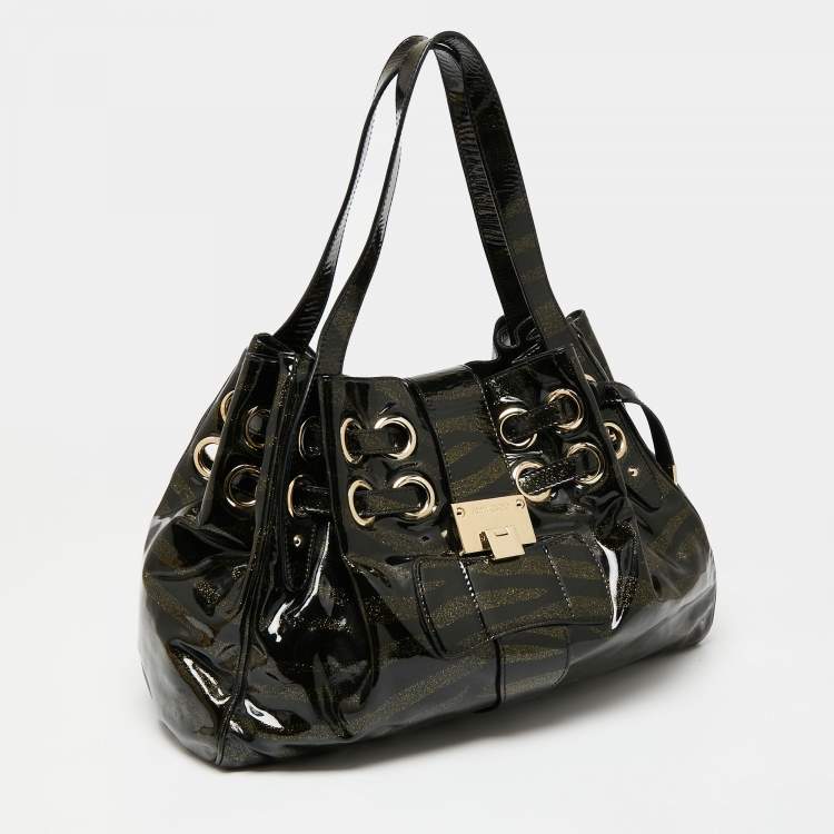 Pre Owned Jimmy Choo Black/Gold Zebra Print Patent Leather Riki Tote