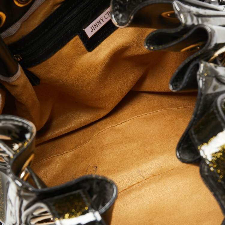 Pre Owned Jimmy Choo Black/Gold Zebra Print Patent Leather Riki Tote