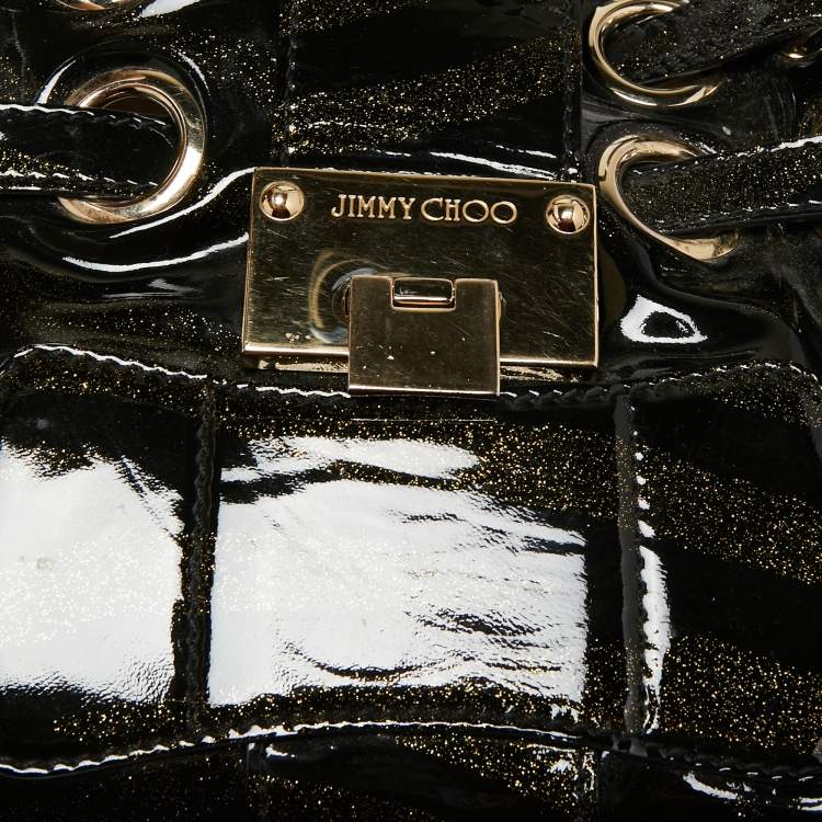 Pre Owned Jimmy Choo Black/Gold Zebra Print Patent Leather Riki Tote