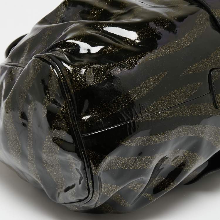 Pre Owned Jimmy Choo Black/Gold Zebra Print Patent Leather Riki Tote