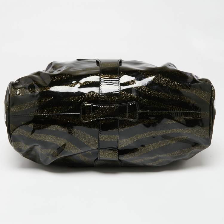Pre Owned Jimmy Choo Black/Gold Zebra Print Patent Leather Riki Tote