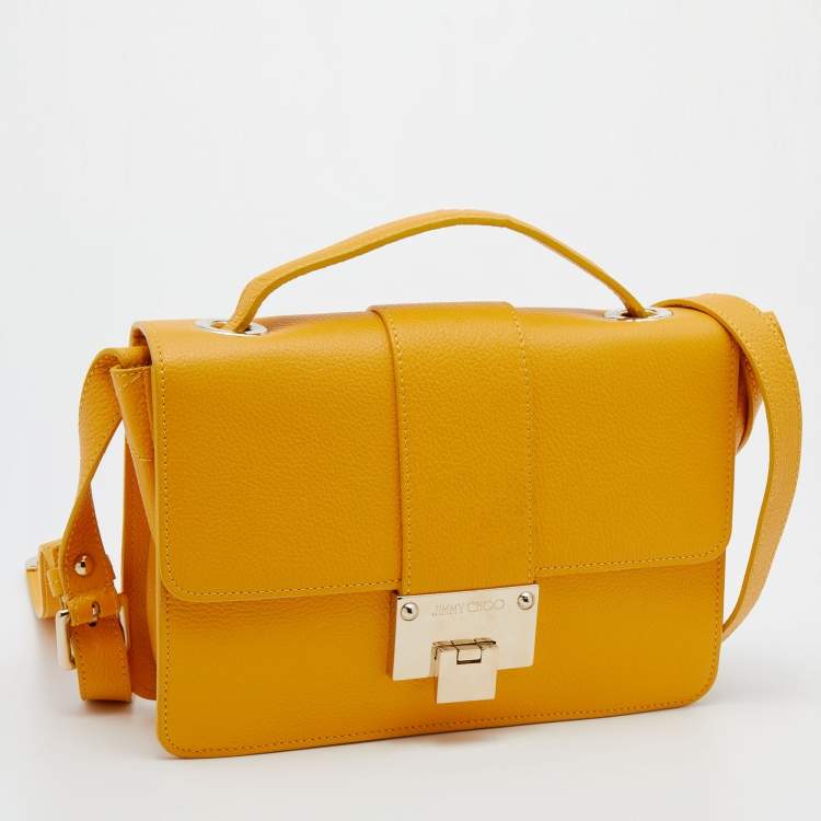 Pre Owned Jimmy Choo Yellow Leather Rebel Flap Top Handle Bag