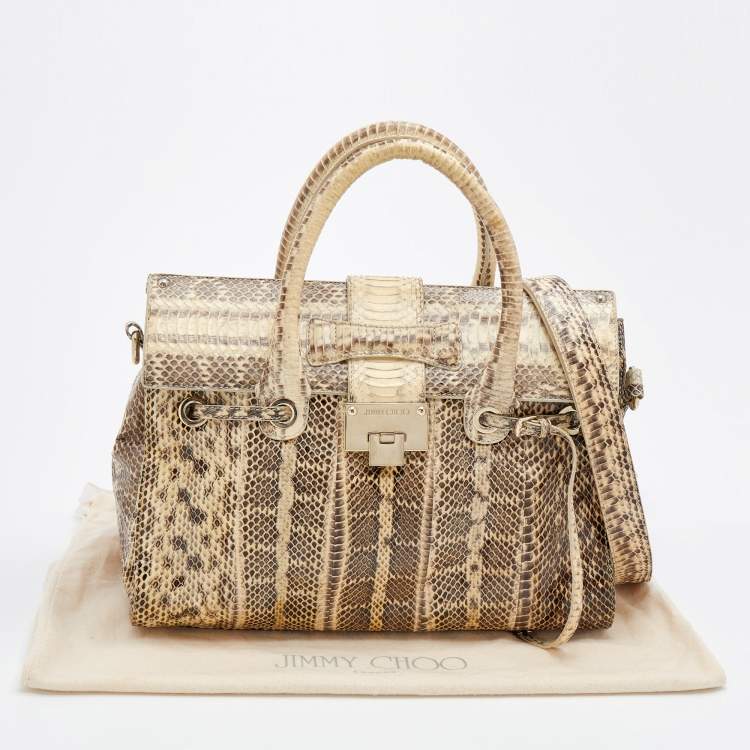 Pre Owned Jimmy Choo Cream/Brown Snakeskin Rosalie Satchel