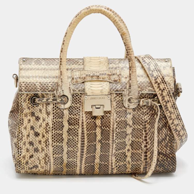 Pre Owned Jimmy Choo Cream/Brown Snakeskin Rosalie Satchel