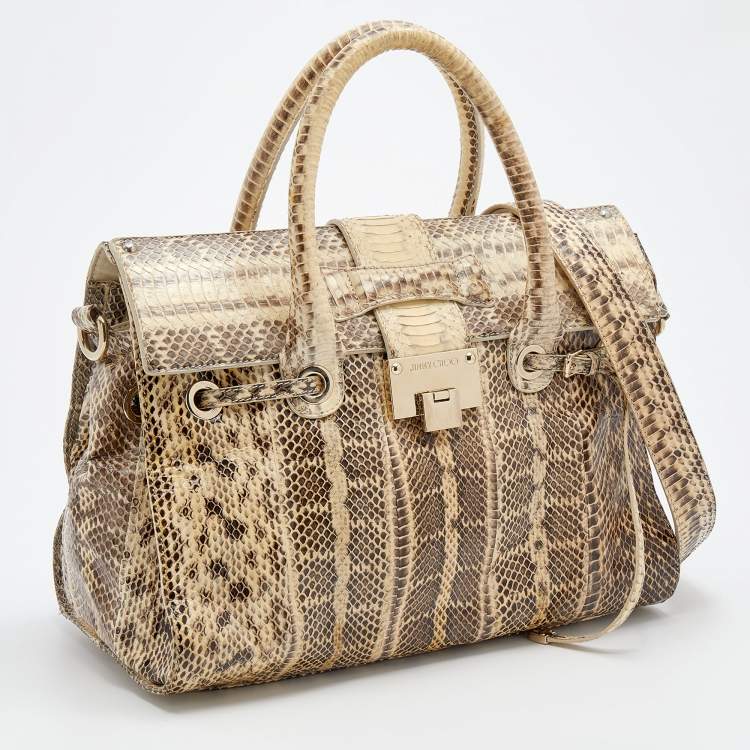 Pre Owned Jimmy Choo Cream/Brown Snakeskin Rosalie Satchel