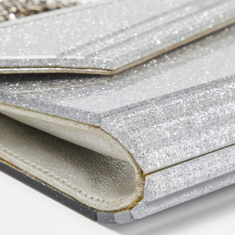 Pre Owned Jimmy Choo Silver Glitter Acrylic Candy Chain Clutch