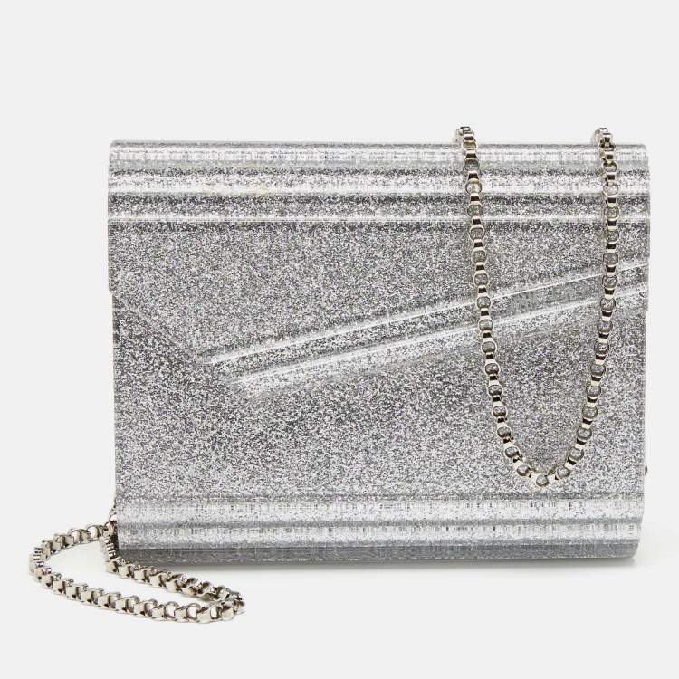 Pre Owned Jimmy Choo Silver Glitter Acrylic Candy Chain Clutch