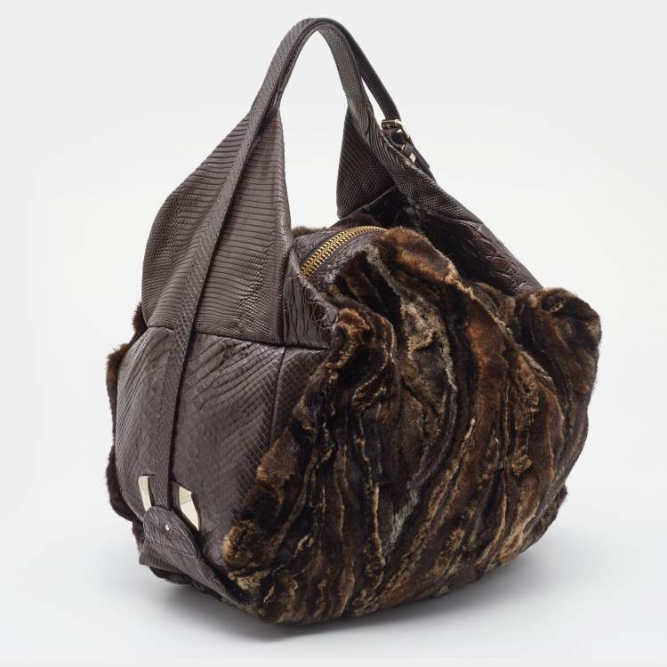 Pre Owned Jimmy Choo Dark Brown  Python Embossed Leather And Fur Hobo
