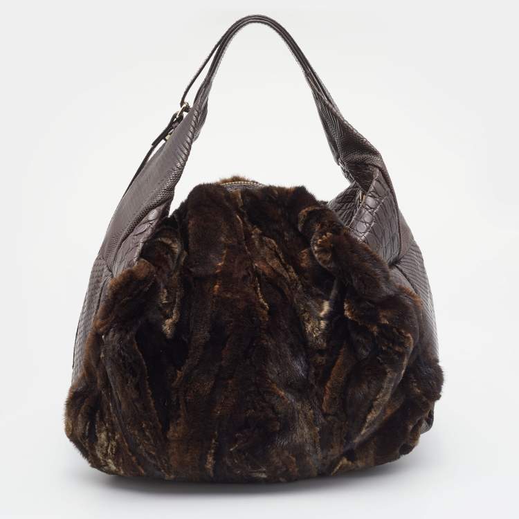 Pre Owned Jimmy Choo Dark Brown  Python Embossed Leather And Fur Hobo