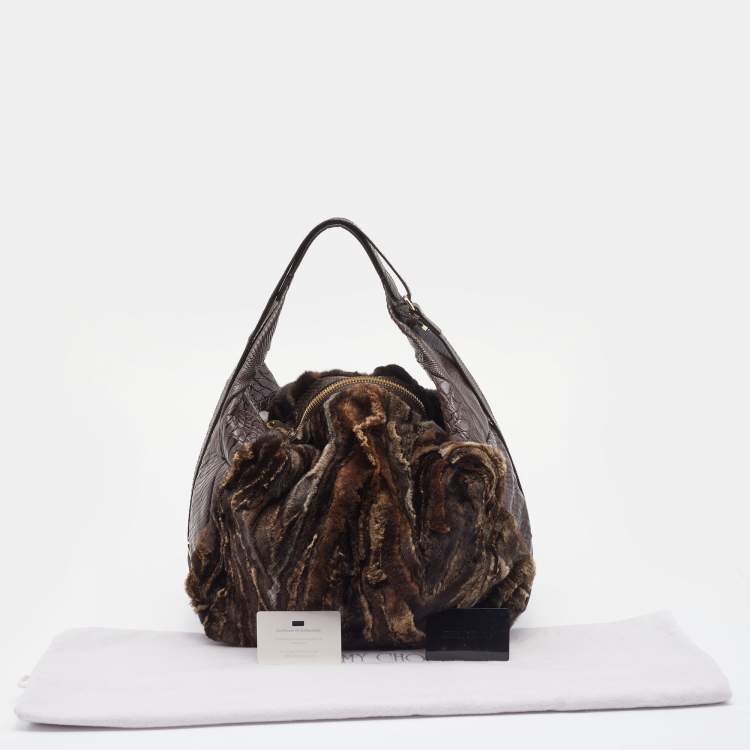 Pre Owned Jimmy Choo Dark Brown  Python Embossed Leather And Fur Hobo