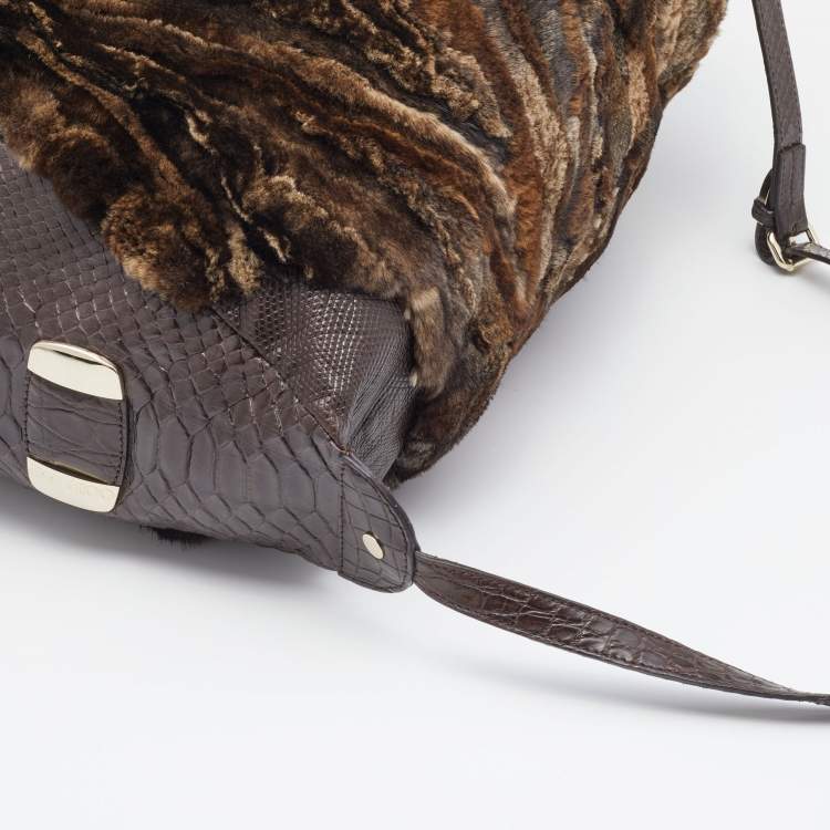 Pre Owned Jimmy Choo Dark Brown  Python Embossed Leather And Fur Hobo