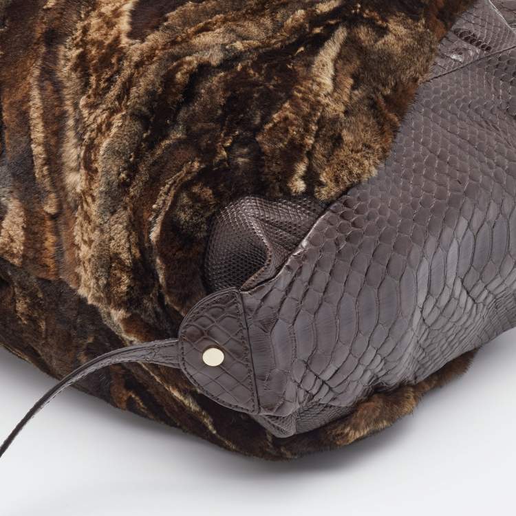 Pre Owned Jimmy Choo Dark Brown  Python Embossed Leather And Fur Hobo