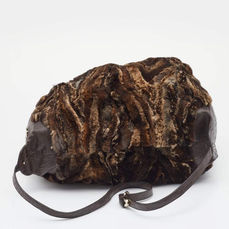 Pre Owned Jimmy Choo Dark Brown  Python Embossed Leather And Fur Hobo
