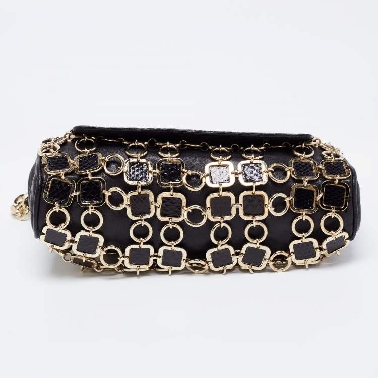 Pre Owned Jimmy Choo Black/Gold Leather and Python Chain Mail Carolina Shoulder Bag