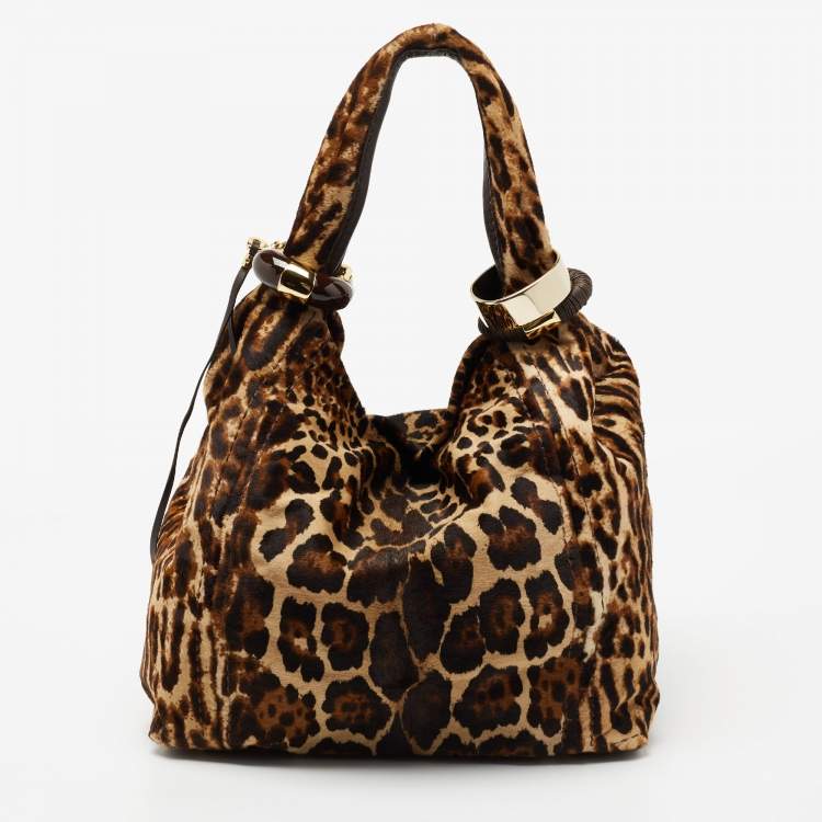 Pre Owned Jimmy Choo Brown/Black Leopard Print Calfhair Medium Saba Hobo