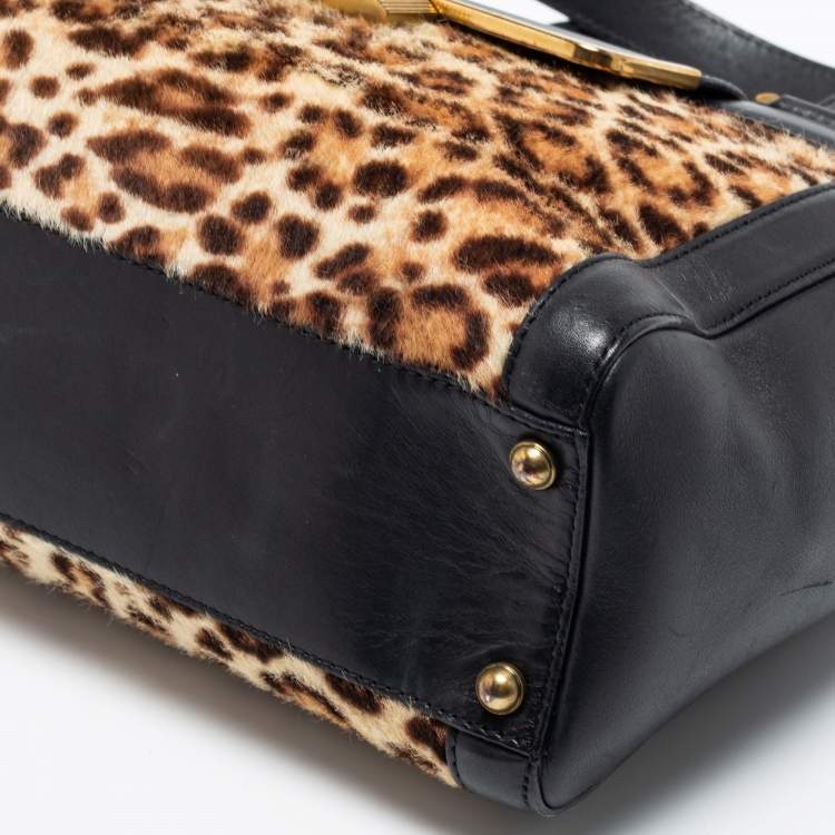Pre Owned Jimmy Choo Black/Brown Leopard Print Calfhair and Leather Catherine Satchel