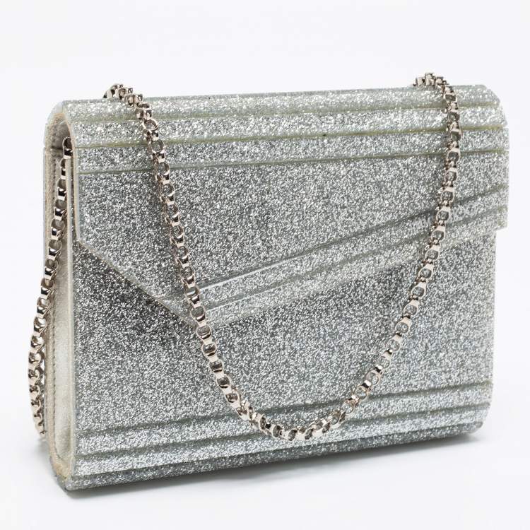 Pre Owned Jimmy Choo Silver Glitter Acrylic Candy Chain Clutch