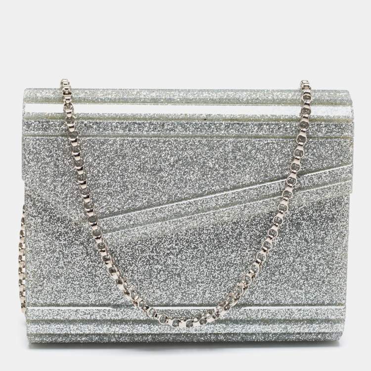 Pre Owned Jimmy Choo Silver Glitter Acrylic Candy Chain Clutch