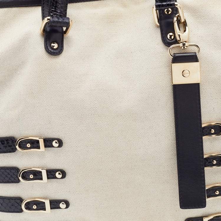 Pre Owned Jimmy Choo Cream/Black Canvas and Snakeskin Babeth Tote