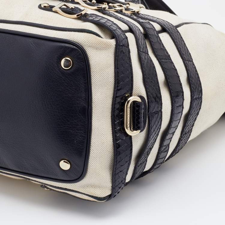 Pre Owned Jimmy Choo Cream/Black Canvas and Snakeskin Babeth Tote
