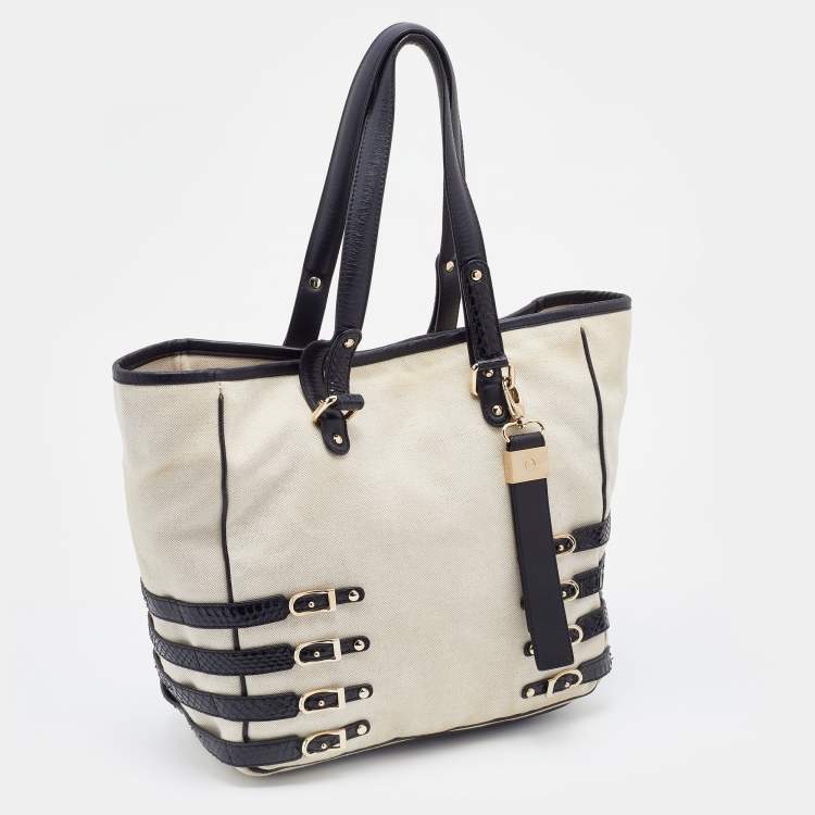 Pre Owned Jimmy Choo Cream/Black Canvas and Snakeskin Babeth Tote