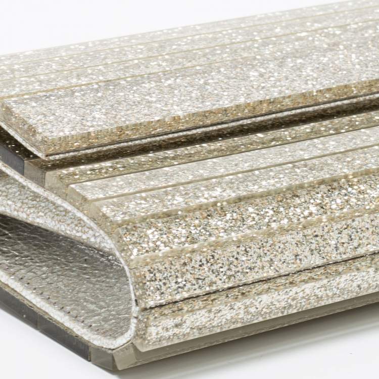 Pre Owned Jimmy Choo Metallic Silver Glitter Acrylic Sweetie Chain Clutch