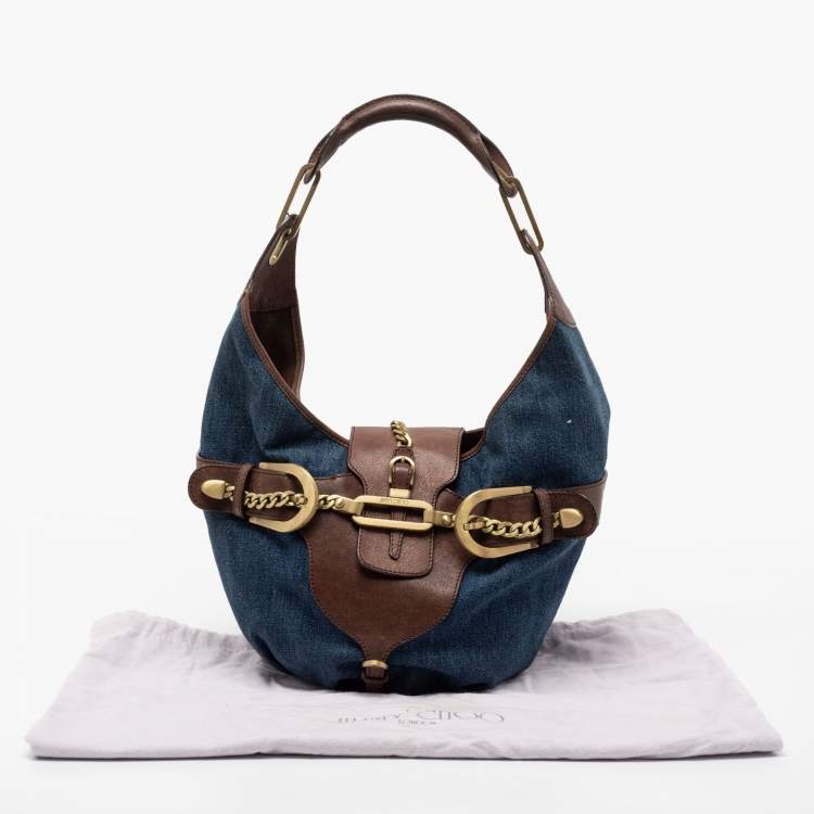 Pre Owned Jimmy Choo Blue/Brown Denim and Leather Tulita Hobo