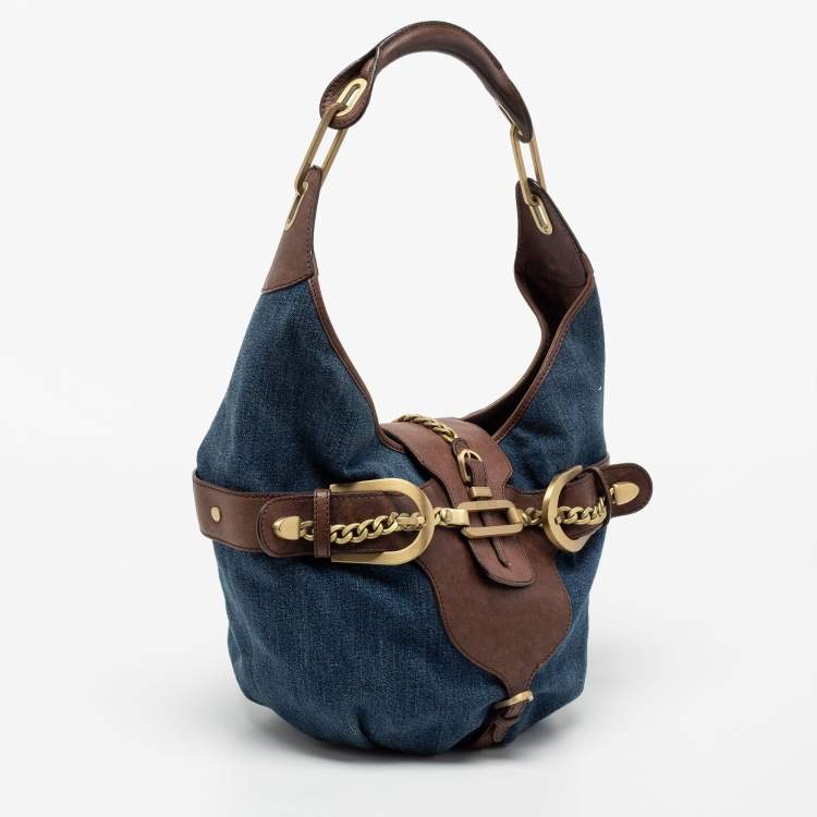 Pre Owned Jimmy Choo Blue/Brown Denim and Leather Tulita Hobo