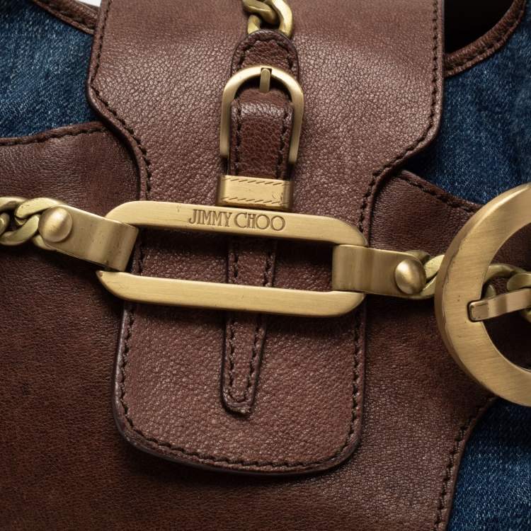 Pre Owned Jimmy Choo Blue/Brown Denim and Leather Tulita Hobo