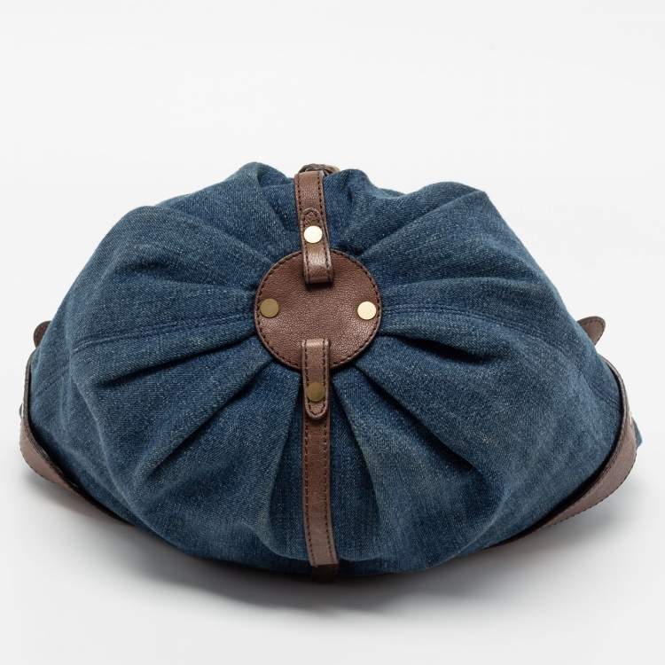 Pre Owned Jimmy Choo Blue/Brown Denim and Leather Tulita Hobo