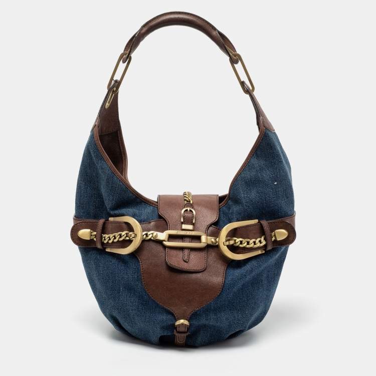 Pre Owned Jimmy Choo Blue/Brown Denim and Leather Tulita Hobo