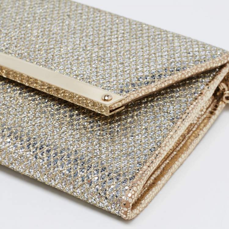 Pre Owned Jimmy Choo Silver/Gold Glitter And Lurex Fabric Margot Chain Clutch
