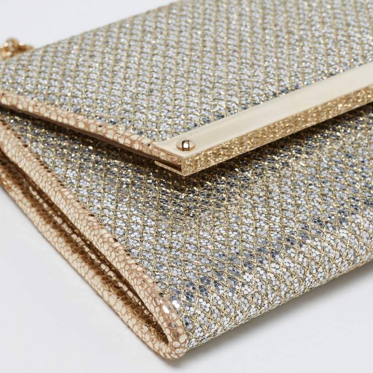 Pre Owned Jimmy Choo Silver/Gold Glitter And Lurex Fabric Margot Chain Clutch