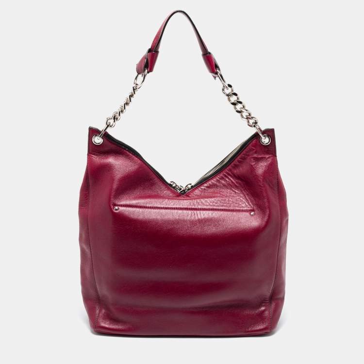 Pre Owned Jimmy Choo Burgundy Leather Raven Chain Shoulder Bag
