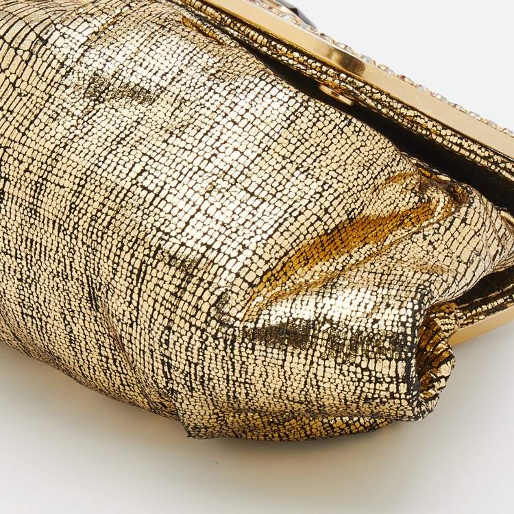 Pre Owned Jimmy Choo Metallic Gold Leather Crystal Embellished Clutch
