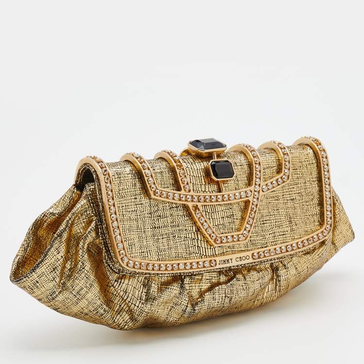 Pre Owned Jimmy Choo Metallic Gold Leather Crystal Embellished Clutch