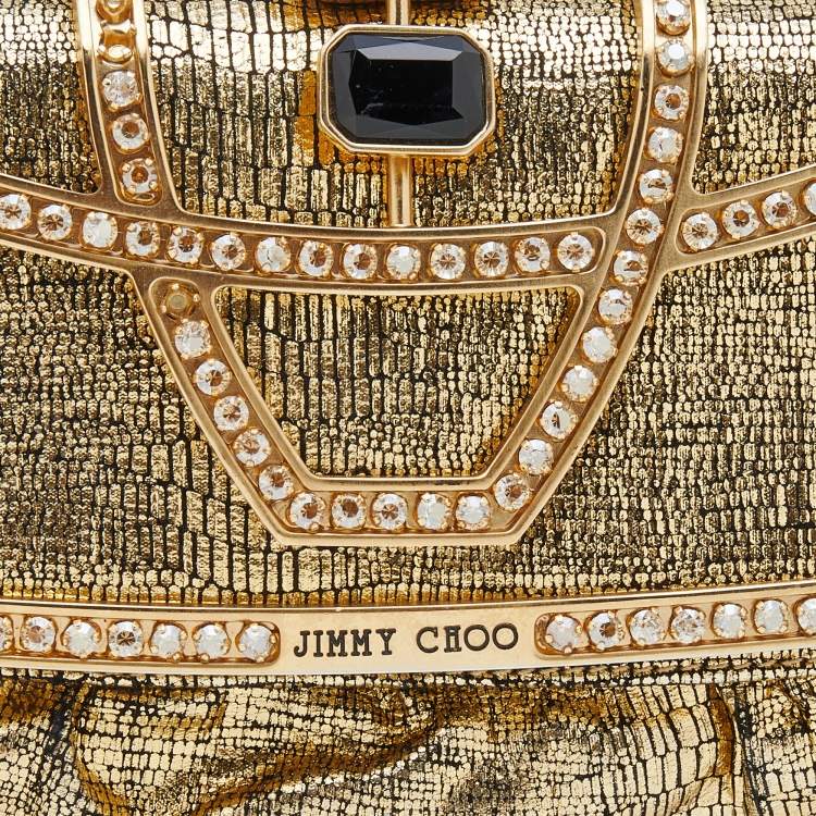 Pre Owned Jimmy Choo Metallic Gold Leather Crystal Embellished Clutch