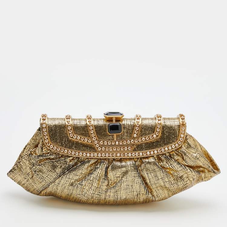 Pre Owned Jimmy Choo Metallic Gold Leather Crystal Embellished Clutch