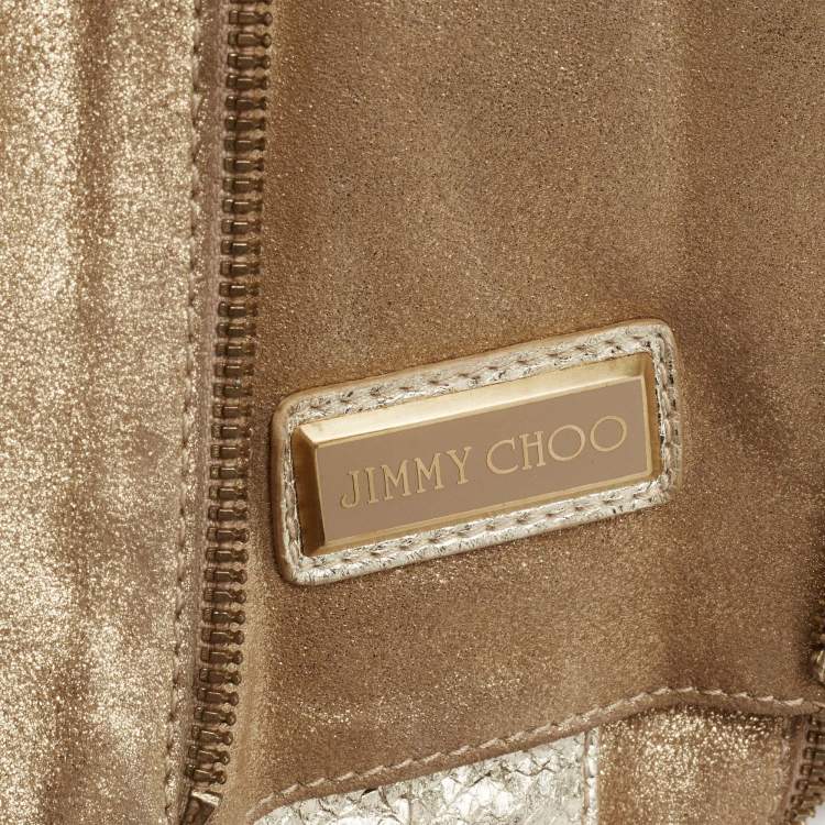 Pre Owned Jimmy Choo Metallic Gold Snakeskin Embossed Leather and Suede Flap Clutch