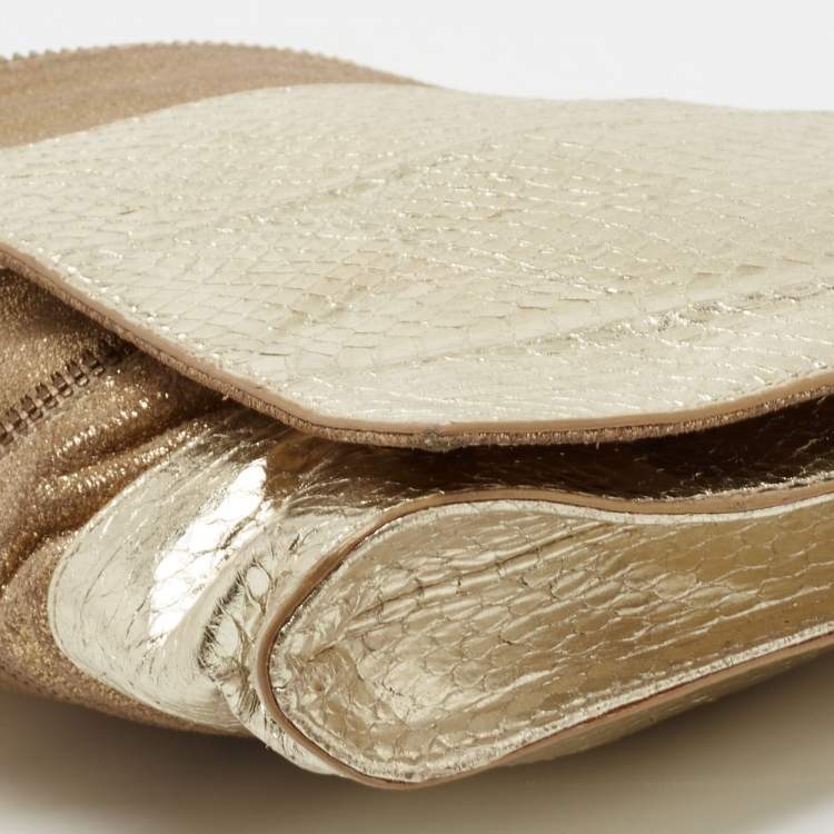 Pre Owned Jimmy Choo Metallic Gold Snakeskin Embossed Leather and Suede Flap Clutch