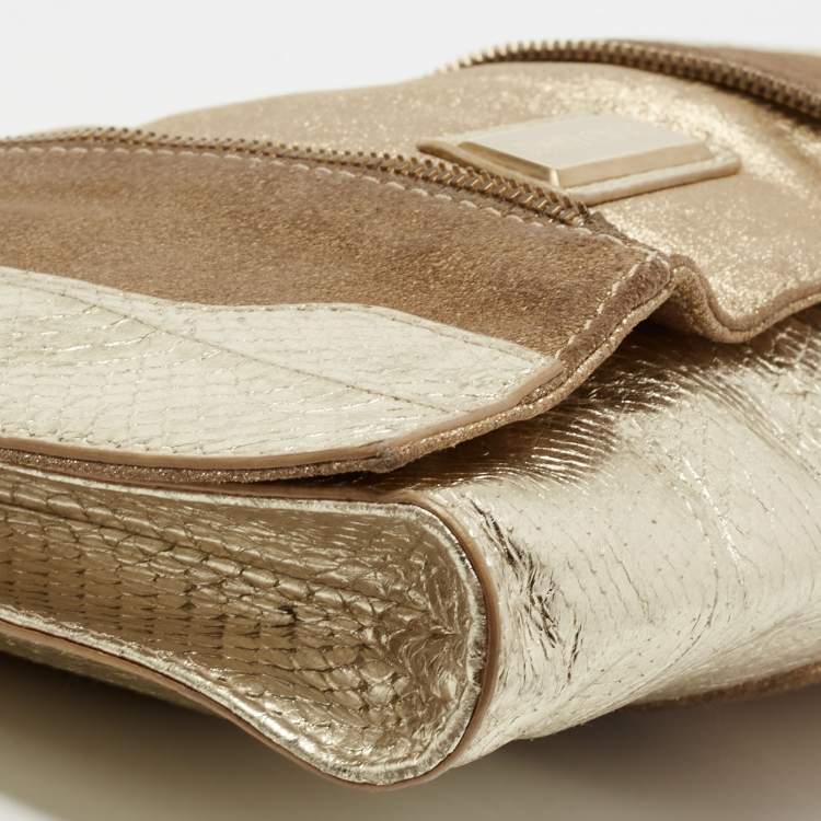 Pre Owned Jimmy Choo Metallic Gold Snakeskin Embossed Leather and Suede Flap Clutch