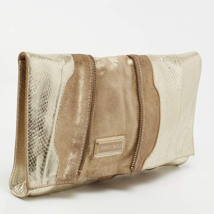Pre Owned Jimmy Choo Metallic Gold Snakeskin Embossed Leather and Suede Flap Clutch