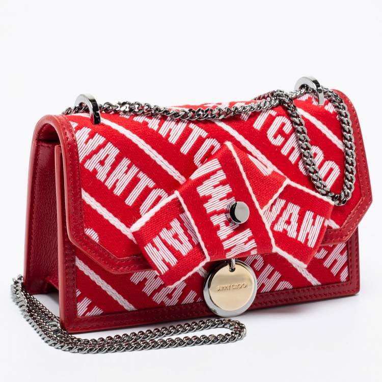 Pre Owned Jimmy Choo Red Fabric And Leather Trimmed Shoulder Bag 
