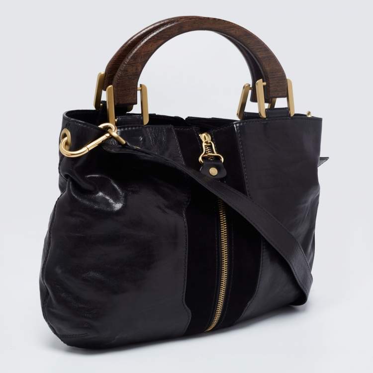 Pre Owned Jimmy Choo Black Leather and Suede Expandable Maia Top Handle bag