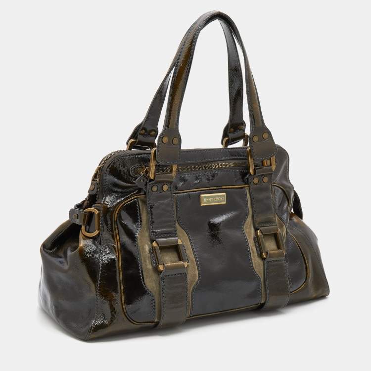Pre Owned Jimmy Choo Dark Olive Patent Leather and Suede Malena Satchel